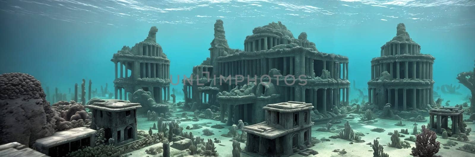 Discover the mystical depths of an Underwater Ruins. Submerged buildings, coral-covered columns, schools of exotic fish glide through the streets. Dive into the enchanting remnants of a lost city. Generative AI.