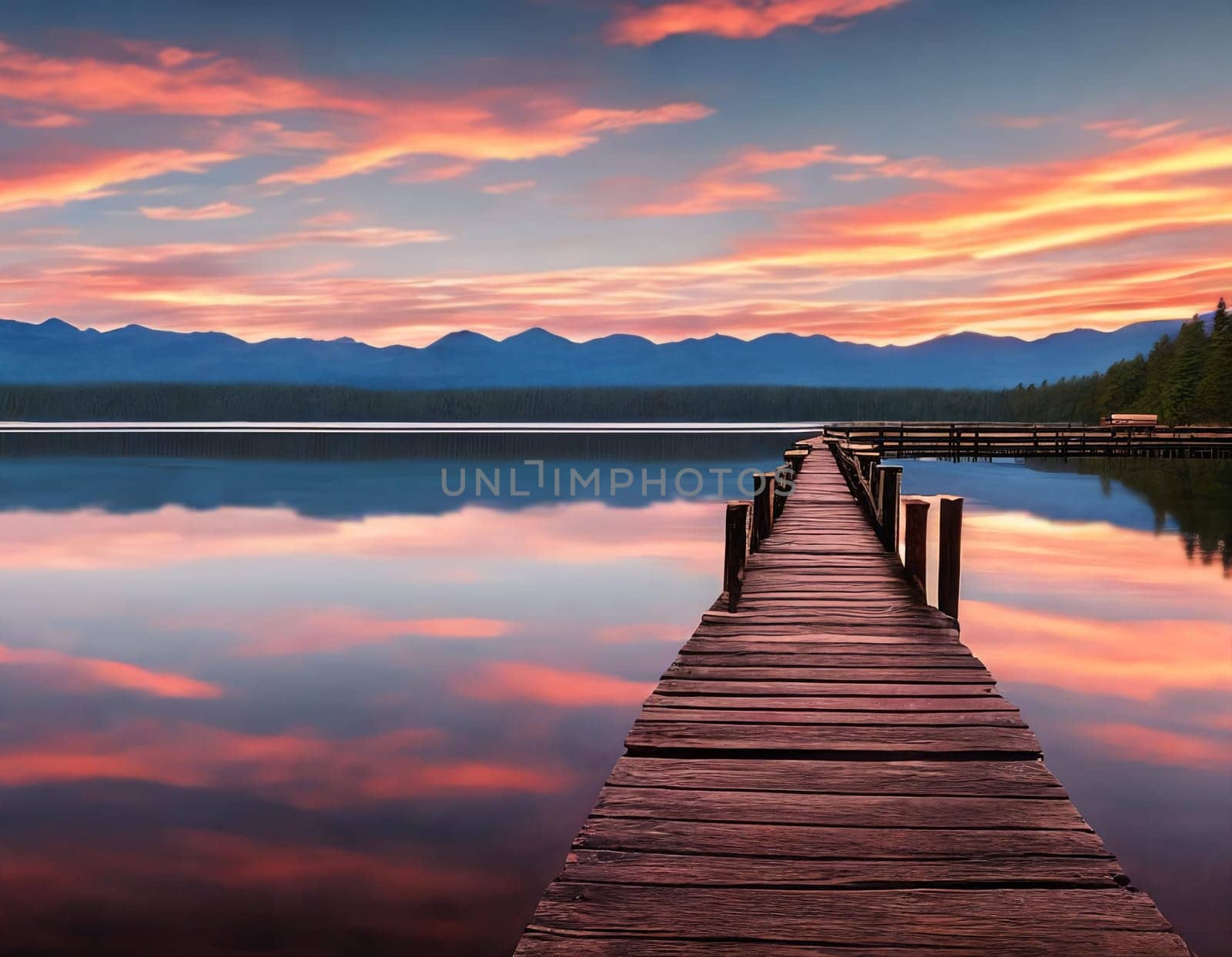A vibrant sunset paints the sky over a serene lake, casting a radiant glow on a peaceful wooden pier. Generative AI