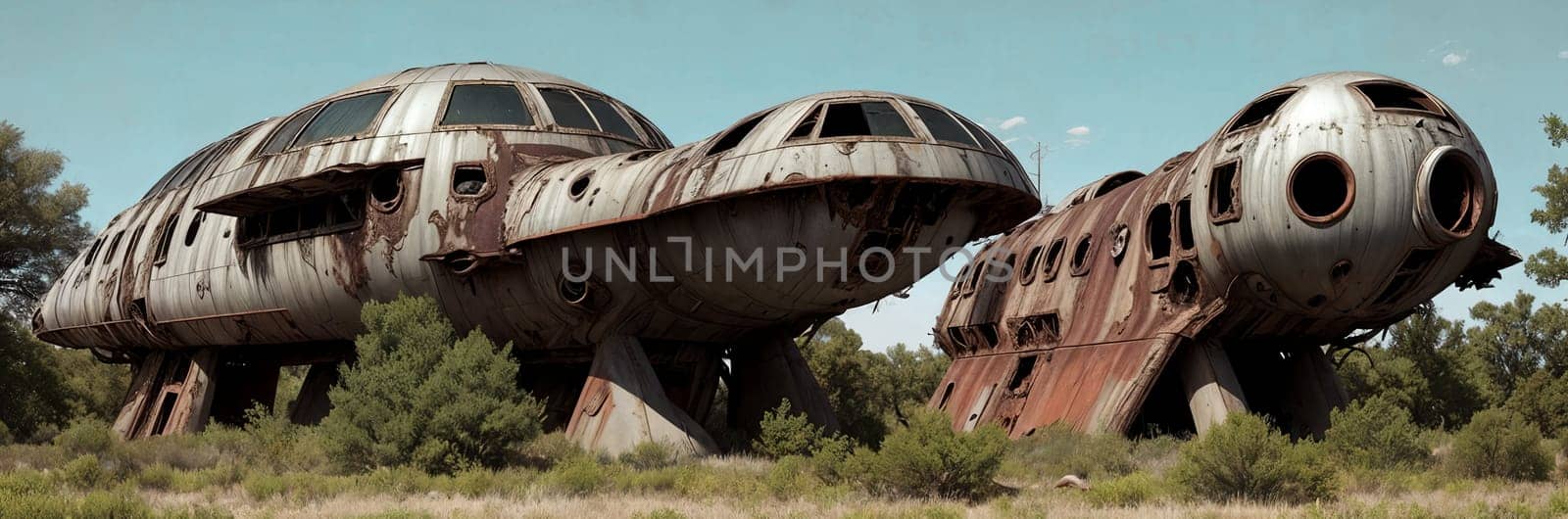 An abandoned spaceship on an alien planet, rusted metal, broken windows, overgrown vegetation reclaim the vessel. A scene of desolation and nature's triumph. Generative AI.