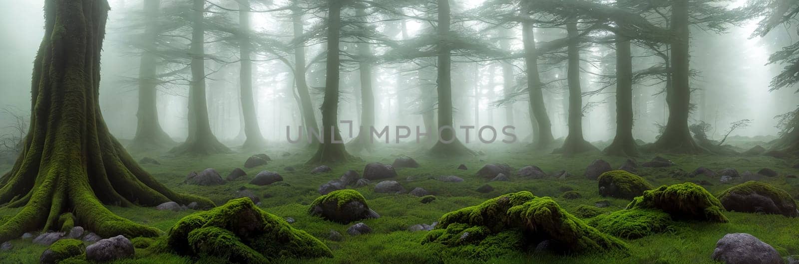 Welcome to the Mystical Forest Ancient trees cloaked in mist, moss-covered rocks, light filtering through the foliage. Discover enchantment in every corner of this ethereal realm. Generative AI.