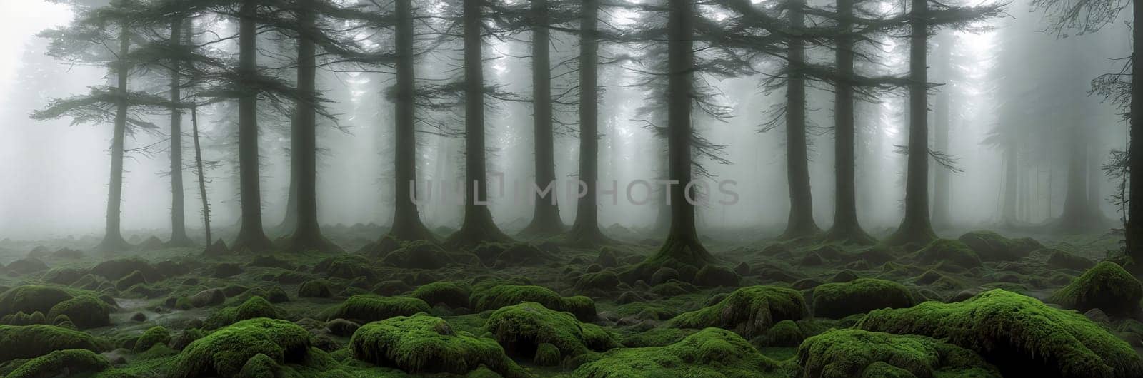 Welcome to the Mystical Forest Ancient trees cloaked in mist, moss-covered rocks, light filtering through the foliage. Discover enchantment in every corner of this ethereal realm. Generative AI.