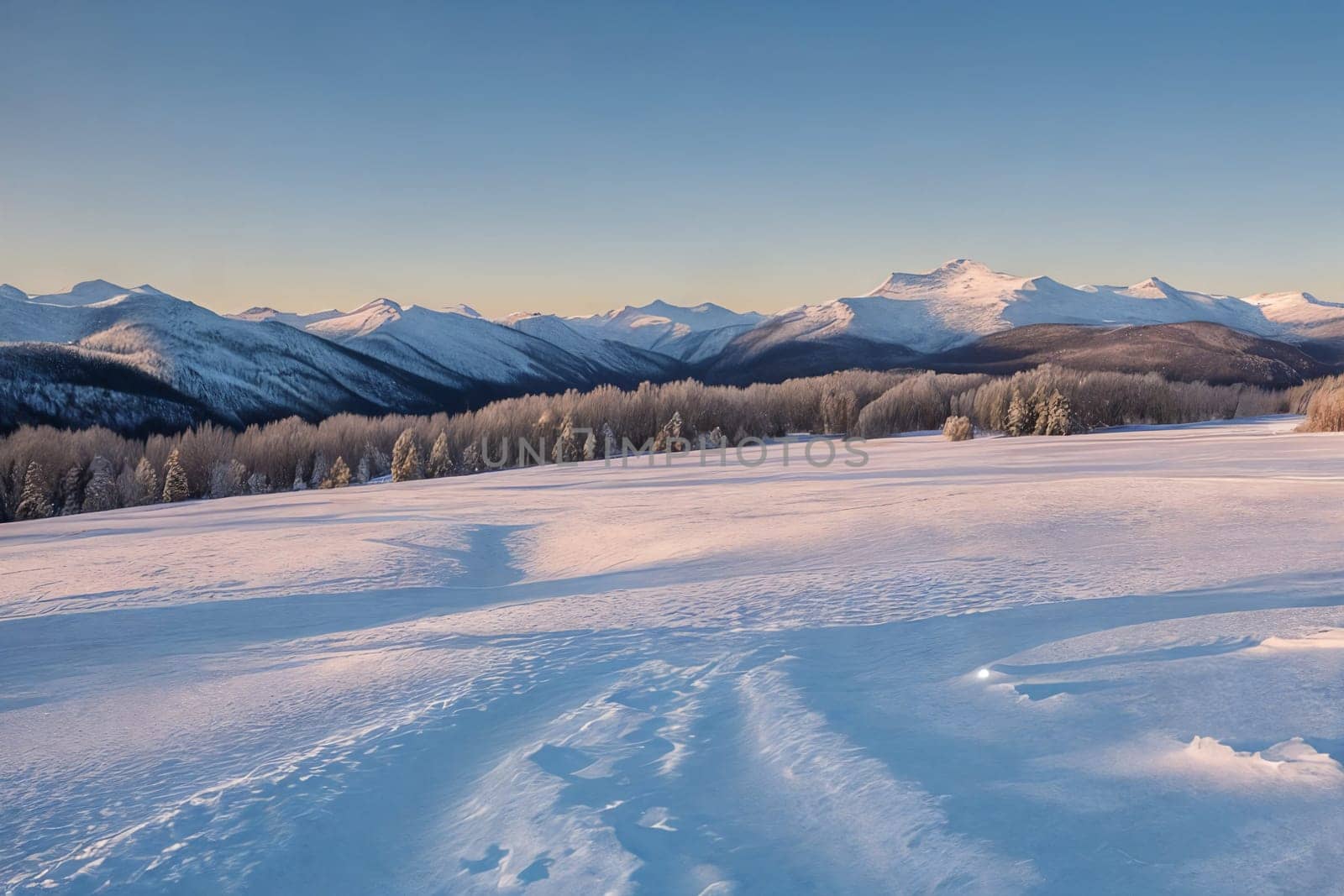 A serene winter landscape, picturesque panorama. Snow-covered landscapes, frost-covered trees, and wintery scenes. Generative