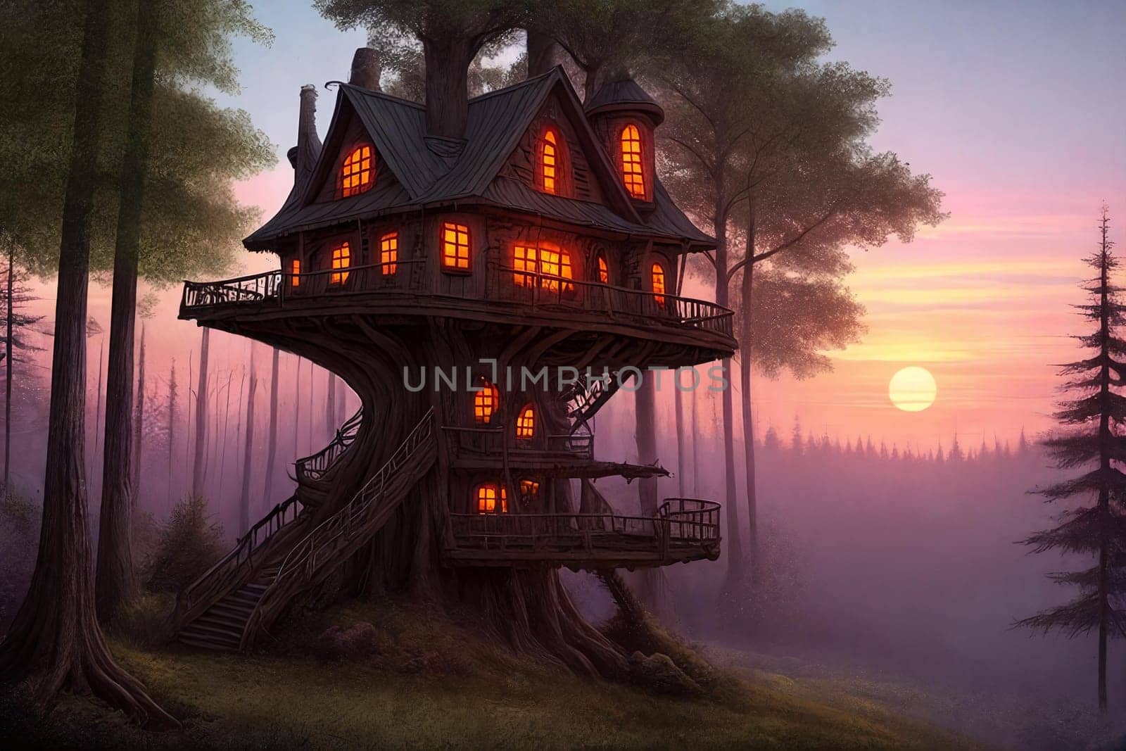 A stunning old treehouse nestled in the lush forest. Generative AI.