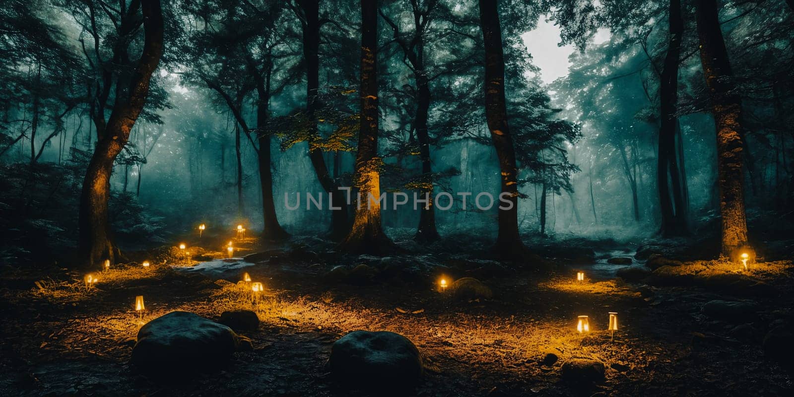 Moonlit Forest Glade. Amidst ancient trees, a moonbeam illuminates a hidden glade. Dew-kissed mushrooms glow softly, and fireflies dance in the night. Ethereal beauty of this mystical meeting place.