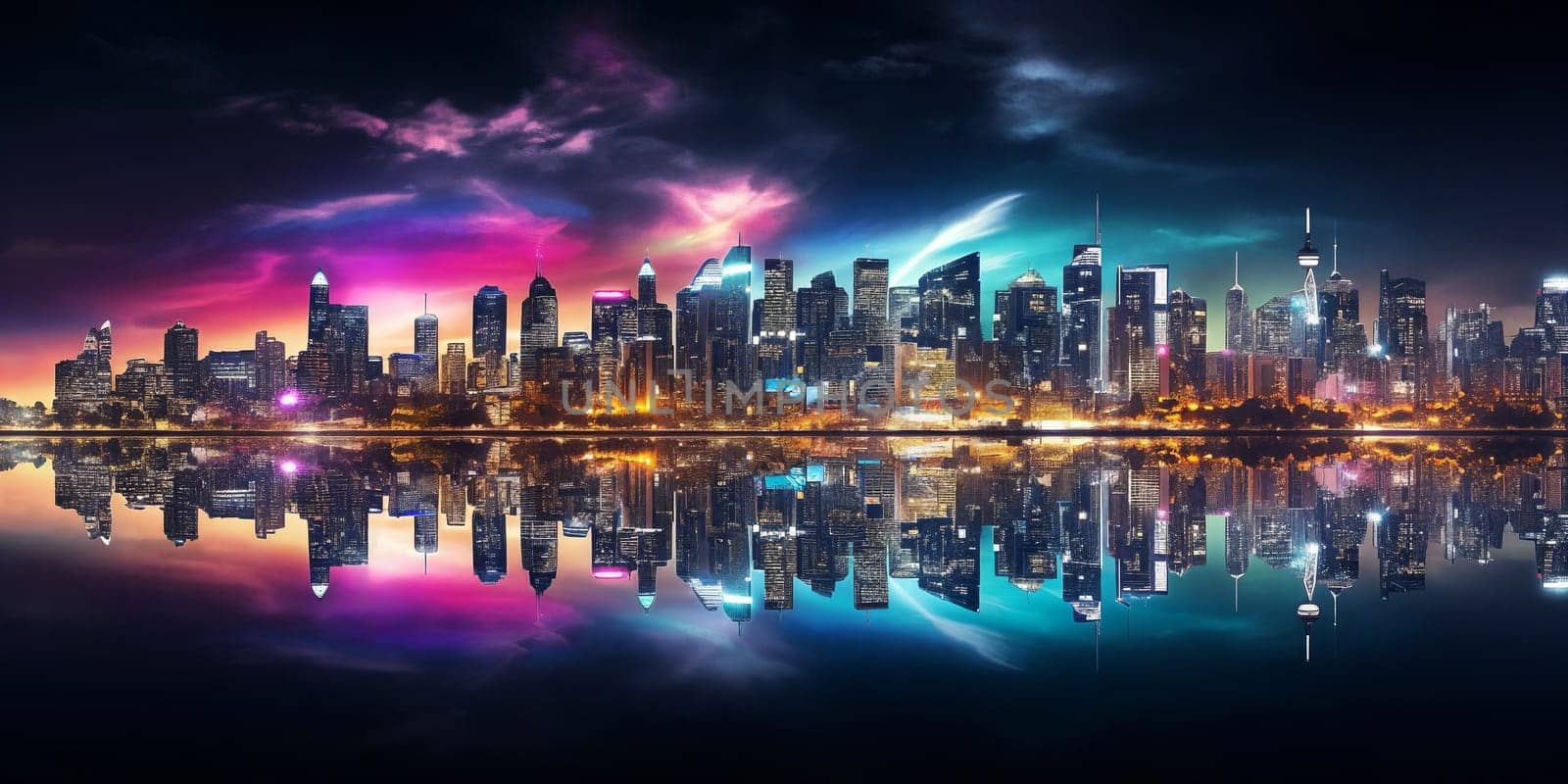 Vibrant city skyline reflecting on calm waters at night . Generative AI