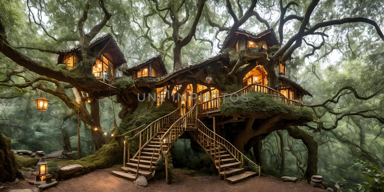 Whimsical Treehouse. High in the branches of an ancient oak, a cozy treehouse awaits. Lanterns hang from twisted limbs, and a rope ladder leads to the door. The sense of adventure and seclusion.