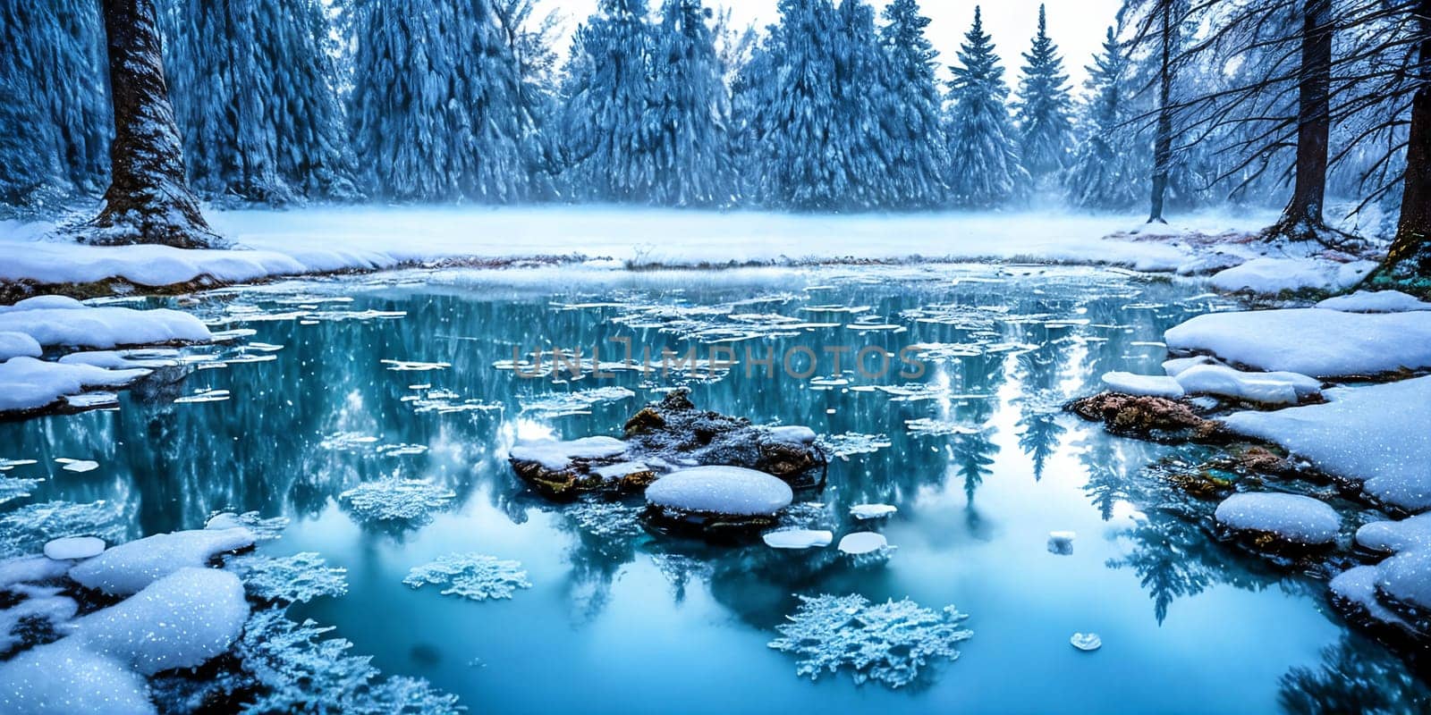 Frozen Fairy Pond. In the heart of a snow-covered forest, a pond lies frozen. Delicate frost patterns adorn its surface, and beneath the ice, mythical creatures slumber.The stillness and magic of winter.