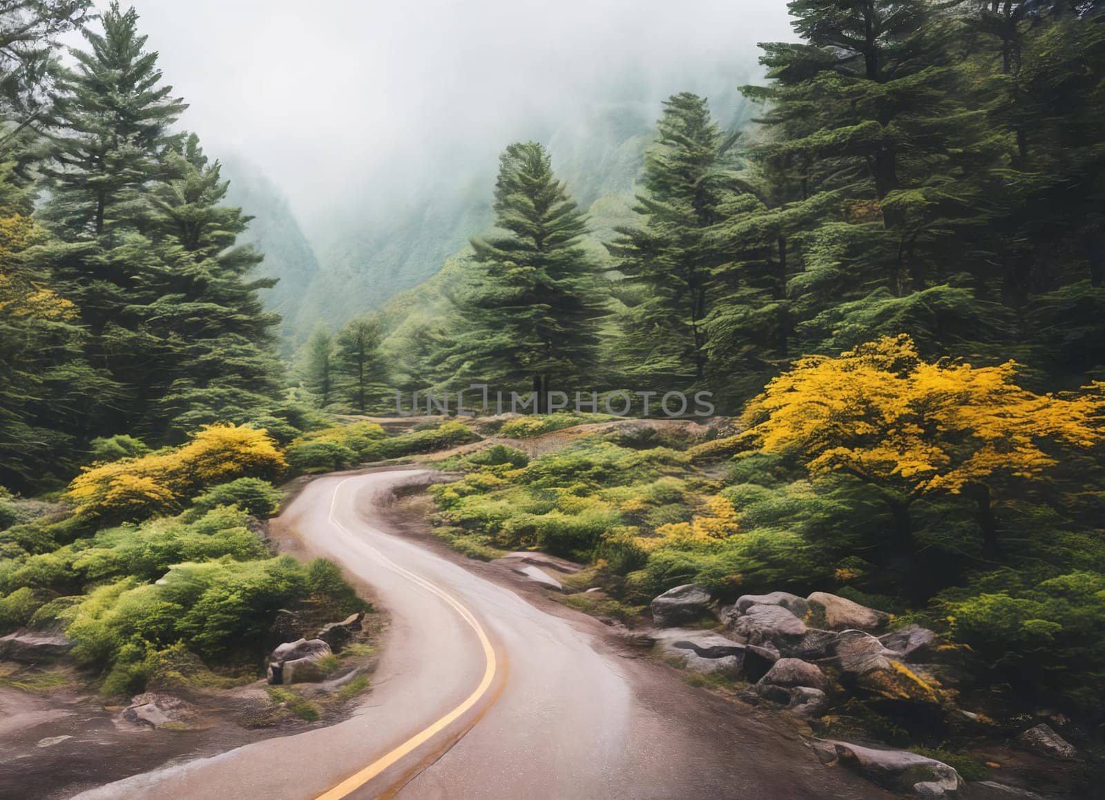 A serpentines through thick fog in the high mountain forest, mysterious and enchanting, with trees looming like ghosts in the mist. Generative AI.