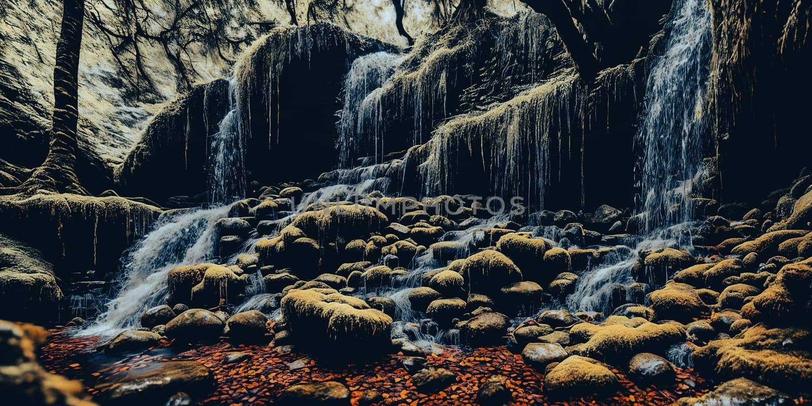 Enchanted Waterfall. A waterfall cascades down moss-covered rocks, revealing a secret grotto behind its veil. Crystal-clear water sparkles with hints of magic, and colorful flowers bloom along the banks.