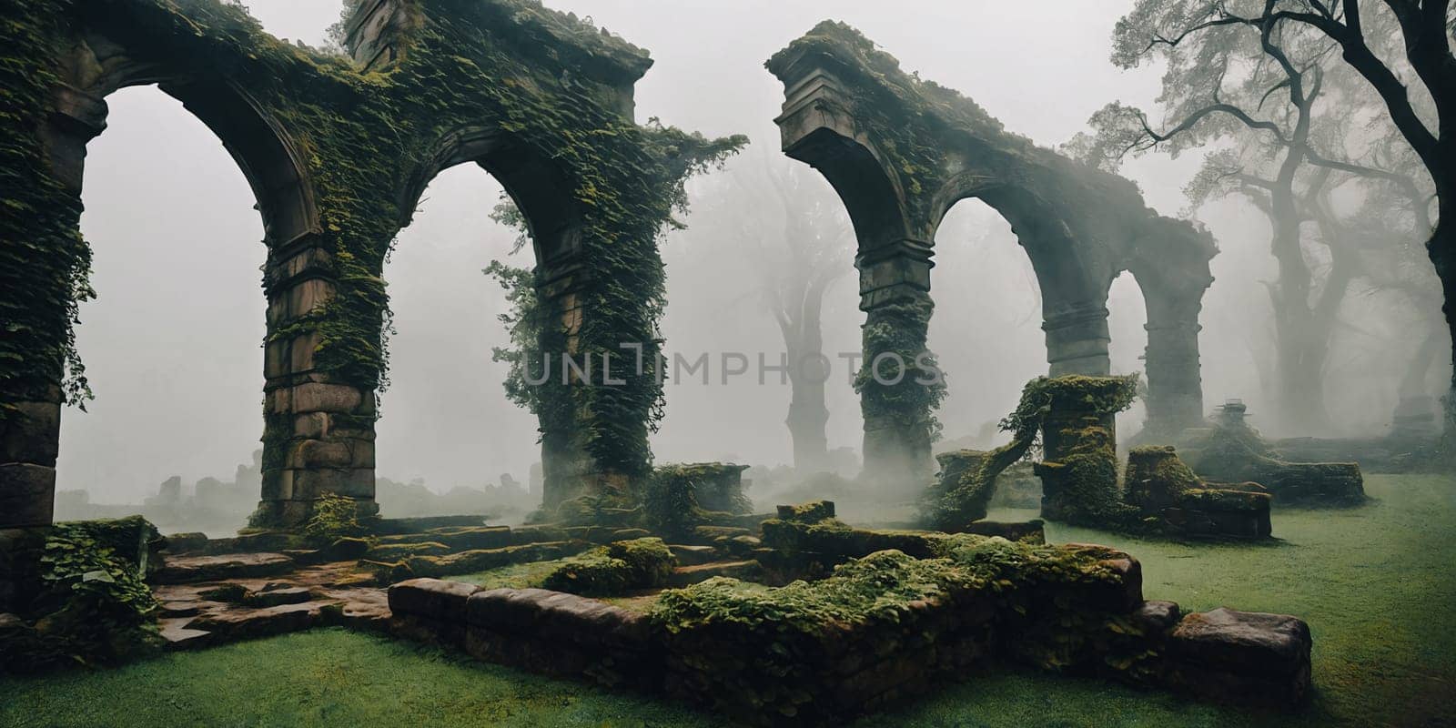 Mist-Clad Ruins. The remnants of an ancient castle, shrouded in mist. Ivy-clad walls crumble gracefully, and forgotten statues guard the entrance.