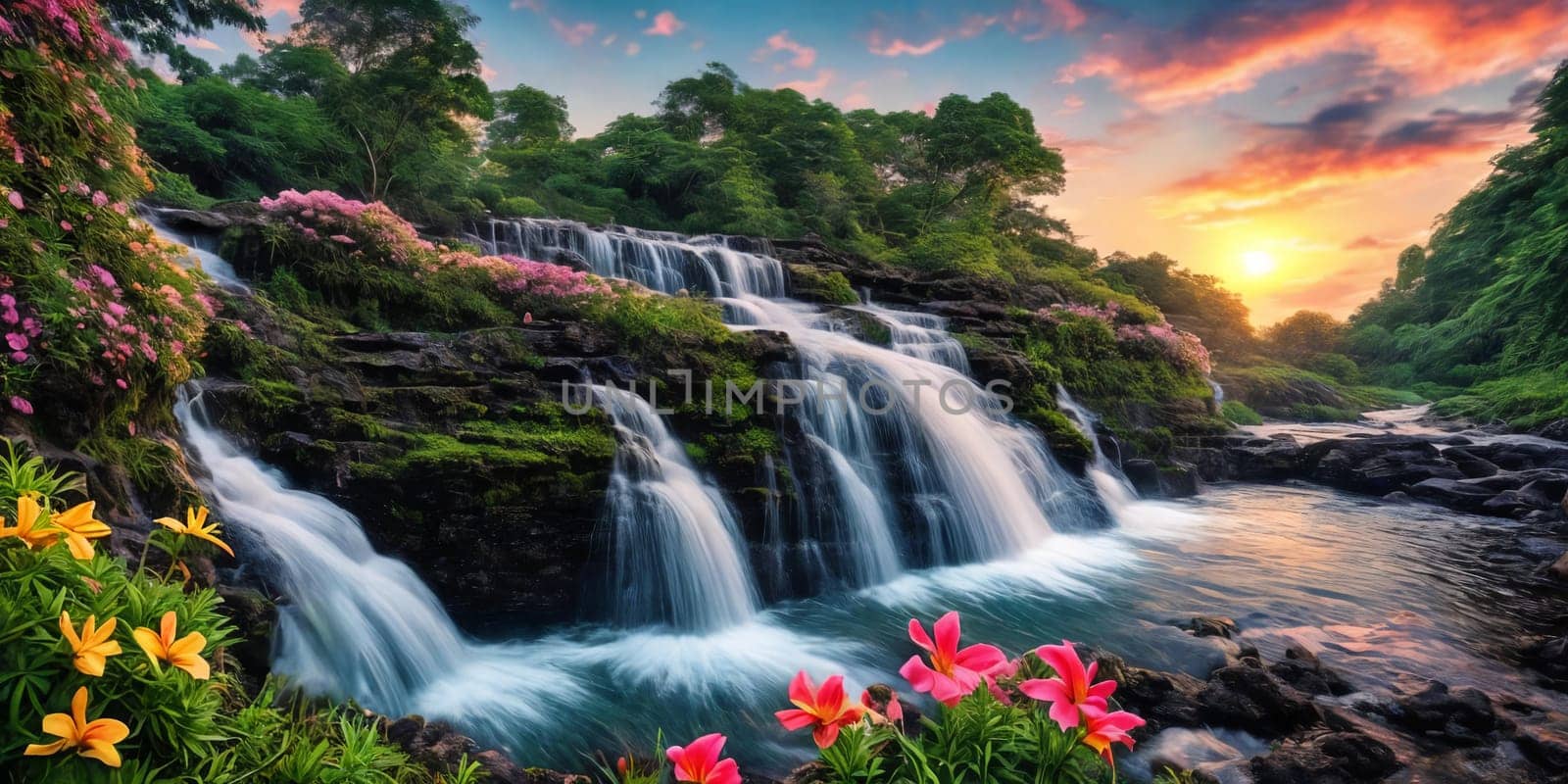 Fantasy landscape with waterfall at sunset, panorama.