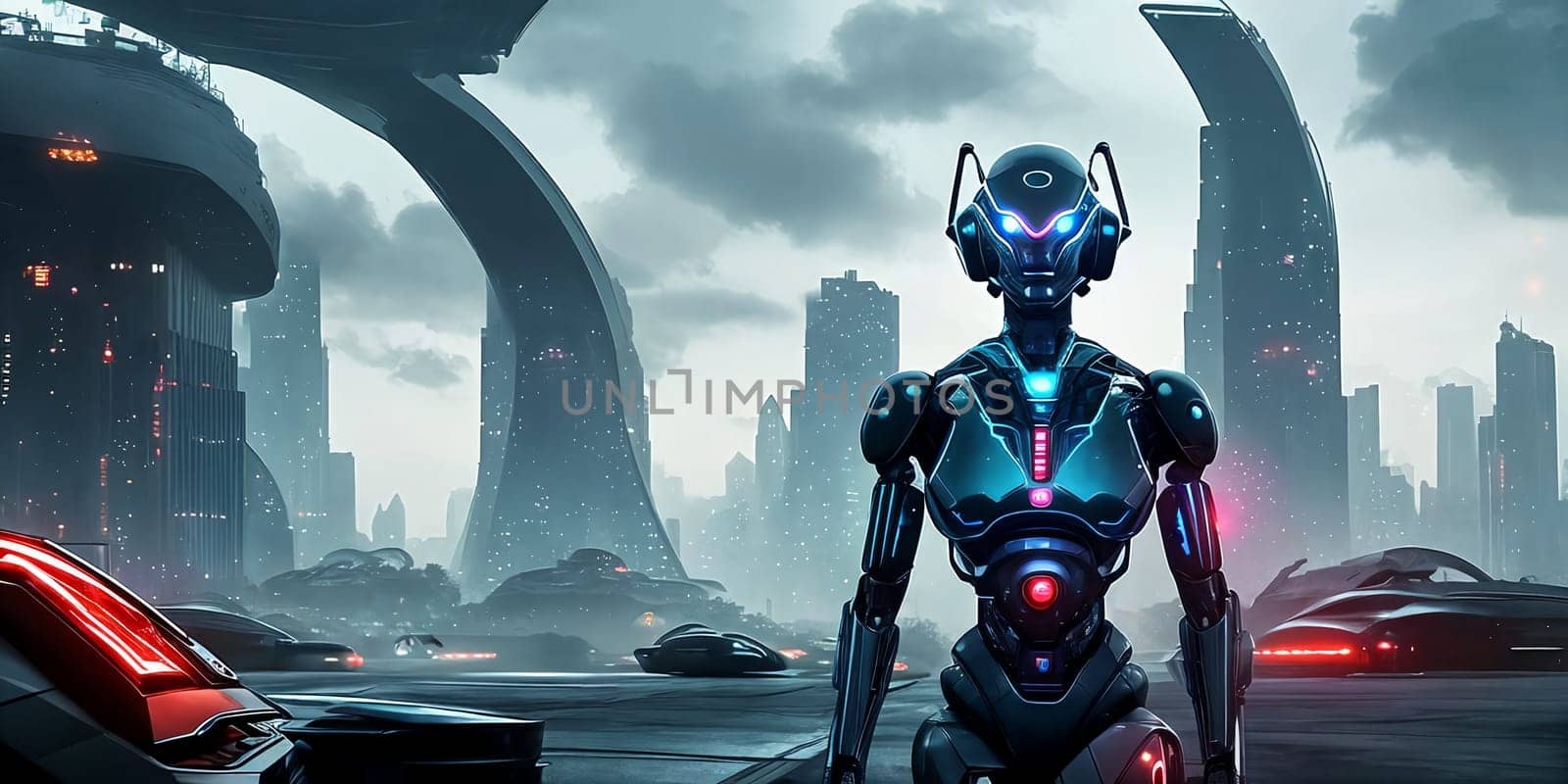 In a futuristic world ruled by AI and robotics, androids, cyborgs, and intelligent machines operate in an automated setting, showcasing advanced technology at its peak.