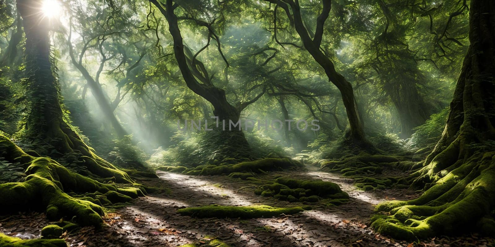 A mysterious forest emerges. Sun rays piercing through the dense canopy, revealing a mystical realm. Shadows dance, whispers echo, enticing exploration. Generative AI.