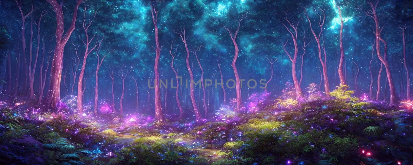 A mystical forest at night with luminescent plants and firefly-like creatures lighting up the scene. AI Generated