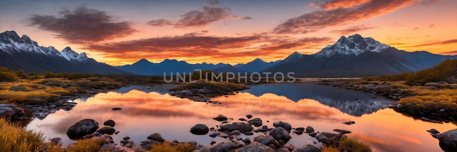 Rugged beauty of a mountain range at golden hour, with the sun setting in the background painting the sky in hues of orange and pink
