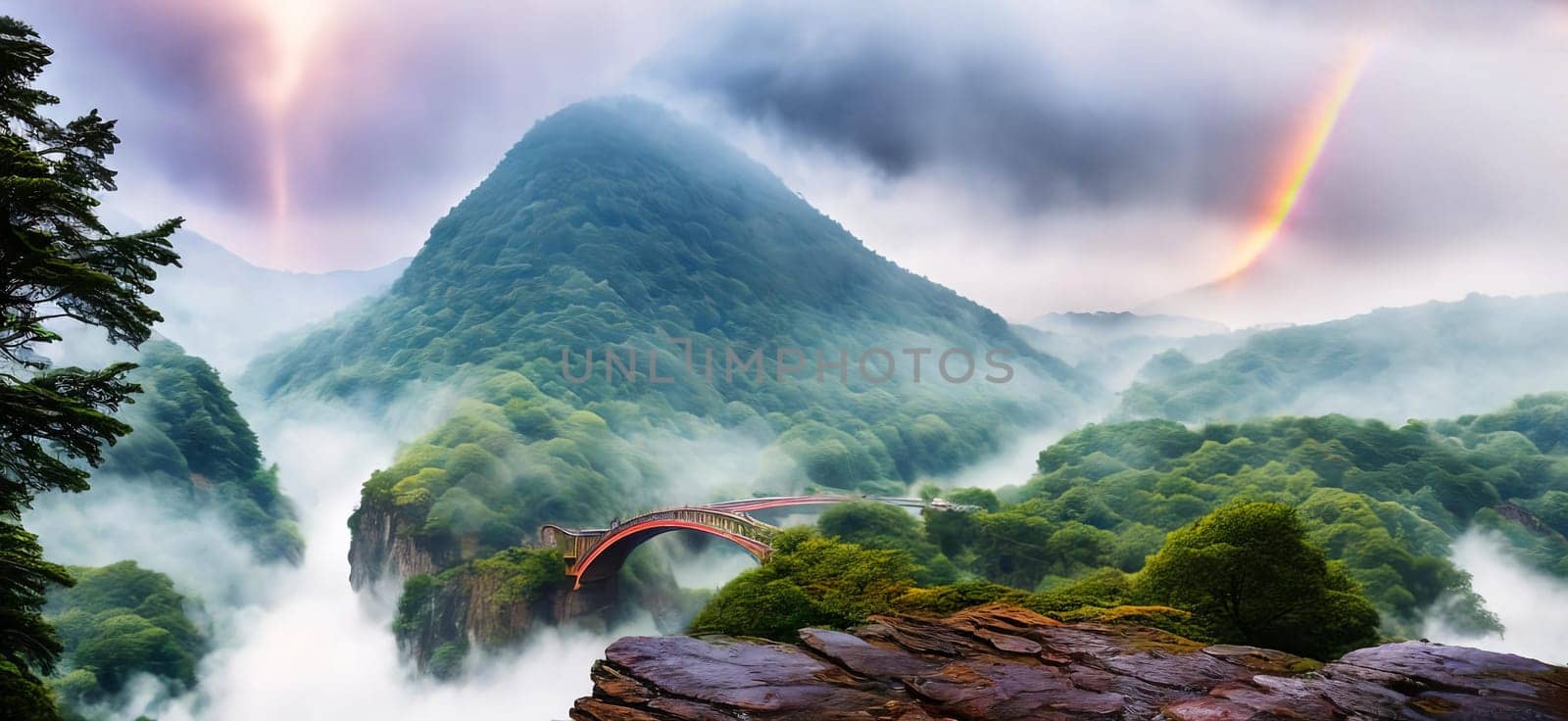 Rainbow Bridge. Arching across a misty gorge, a rainbow bridge connects two worlds. Its colors shift with the light, and travelers-human or magical, cross between realms. The bridge's ephemeral beauty.