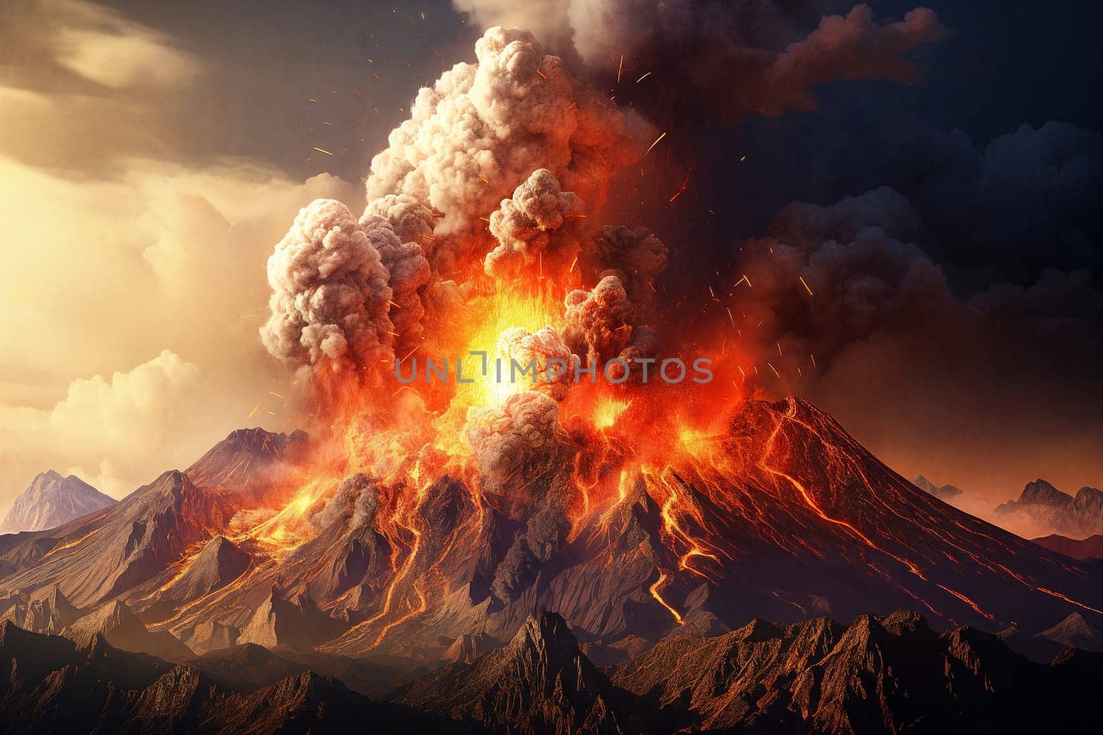 A majestic volcano spewing lava, dark plumes rising against a fiery sky. Landscape transformed in the wake of nature's fury. Generative AI.