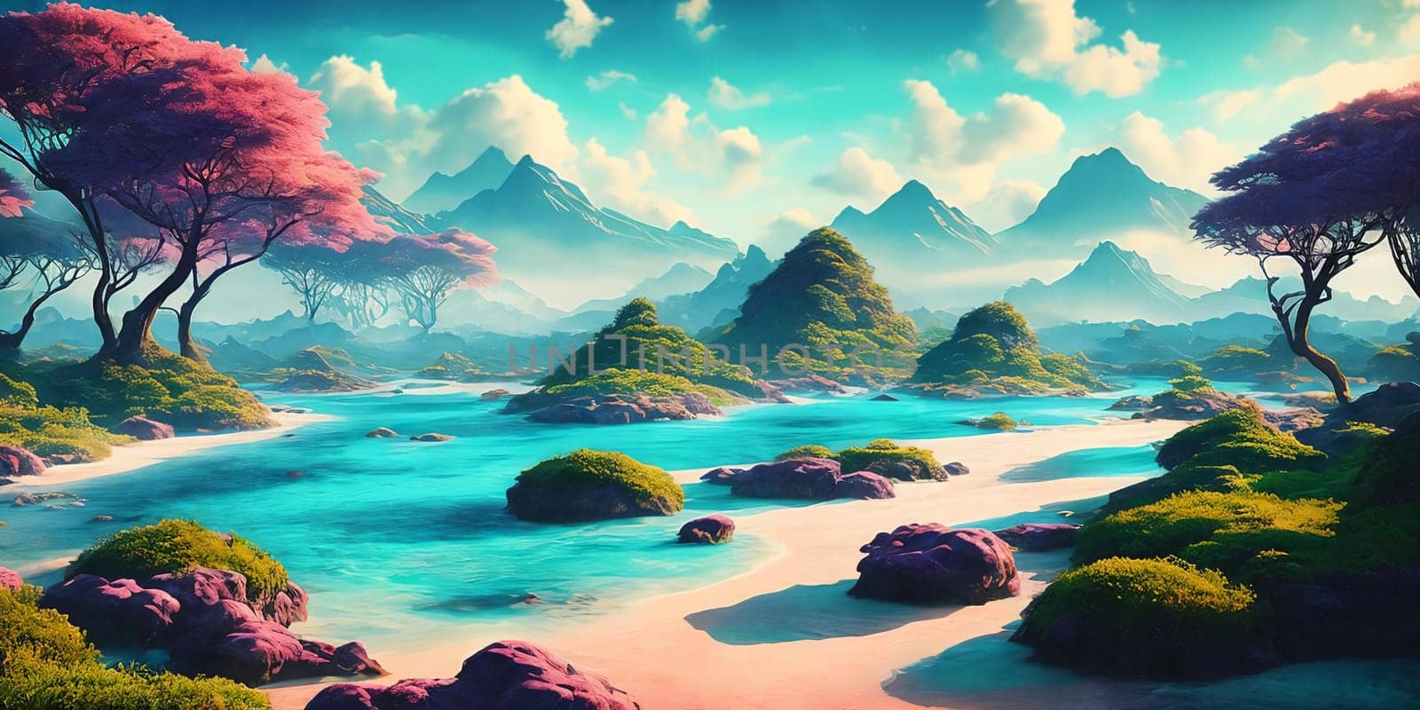 Sunset paints the sky in hues of pink and blue over a tranquil sea, palm trees lining the shore on Paradise fantasy planet.
