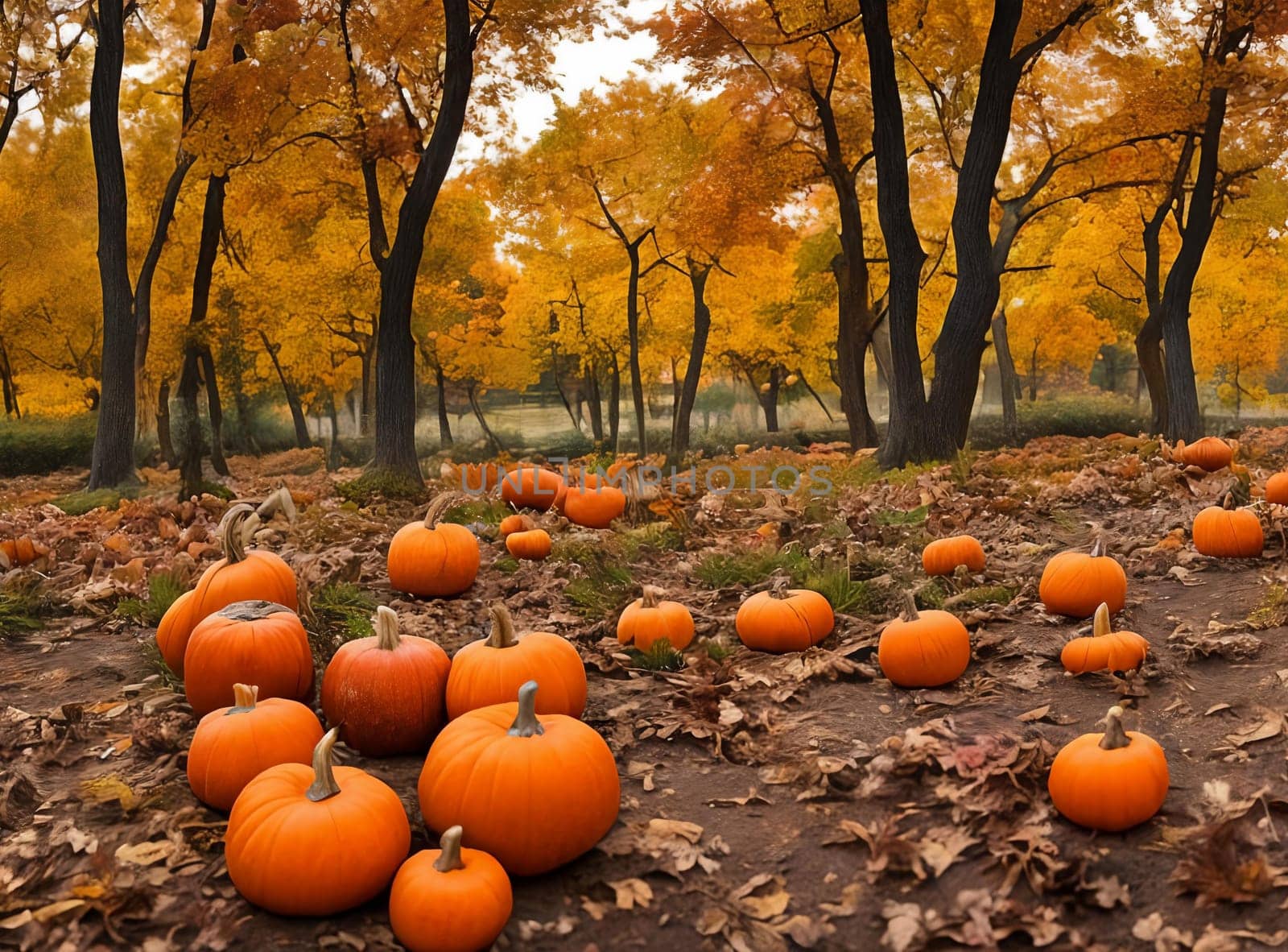 In the enchanting forest, November's Halloween pumpkin harvest unfolds. Bright orange orbs adorn the ground, a stunning sight amidst the autumn foliage. Generative AI.