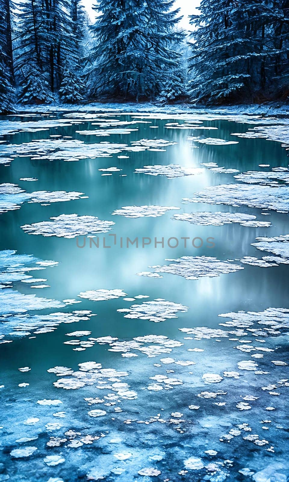 Frozen Fairy Pond. In the heart of a snow-covered forest, a pond lies frozen. Delicate frost patterns adorn its surface, and beneath the ice, mythical creatures slumber.The stillness and magic of winter.