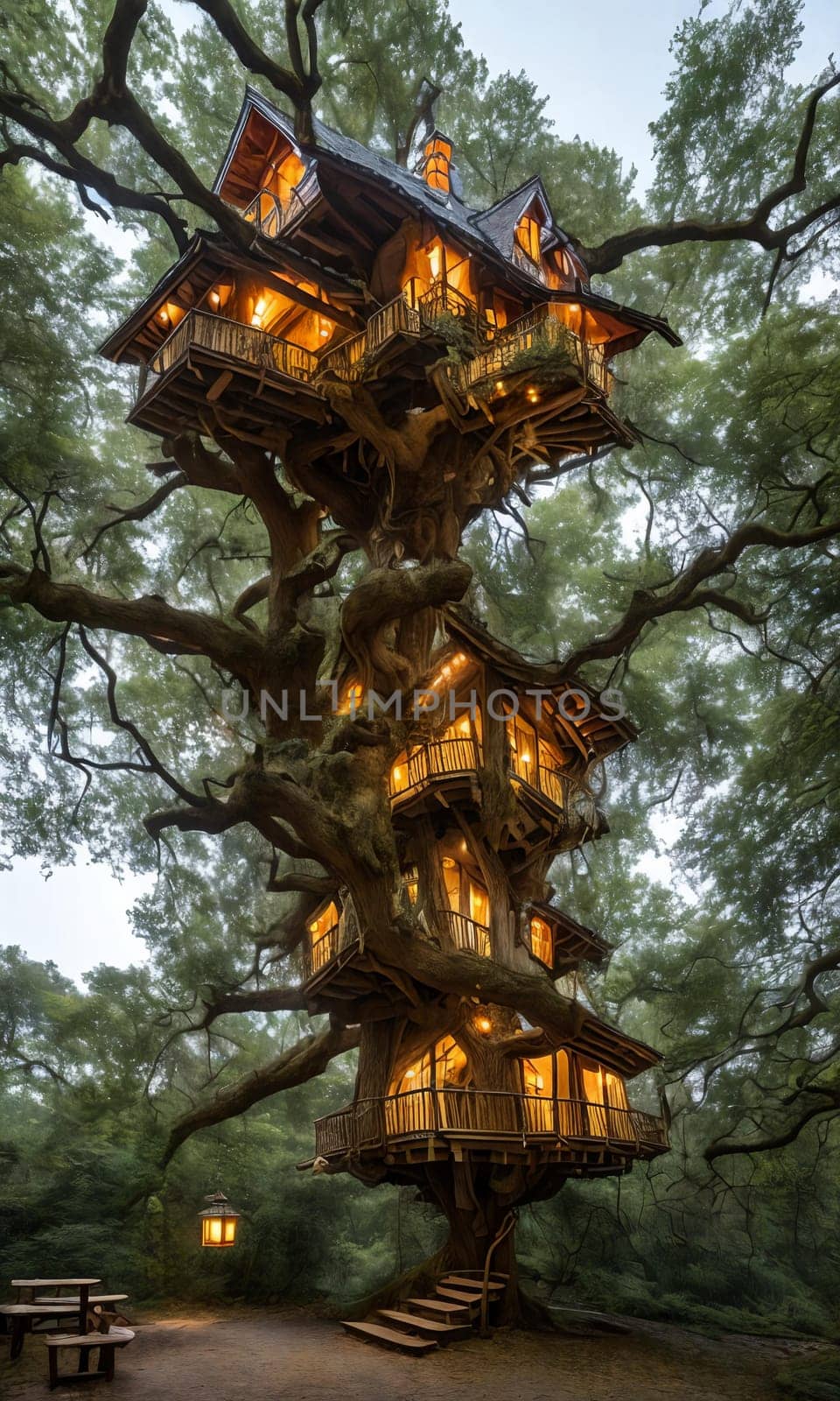 Whimsical Treehouse. High in the branches of an ancient oak, a cozy treehouse awaits. Lanterns hang from twisted limbs, and a rope ladder leads to the door. The sense of adventure and seclusion.