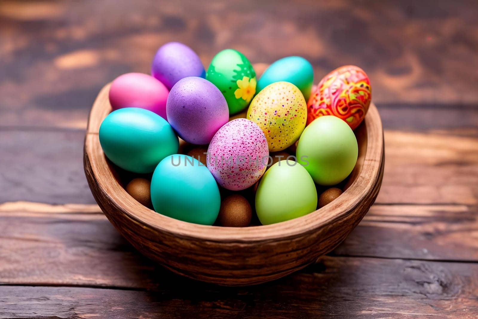 Vibrant Easter Eggs. A close-up image of colorful and intricately decorated Easter eggs arranged in a beautiful pattern on a rustic wooden background, emphasizing the unique designs and textures.