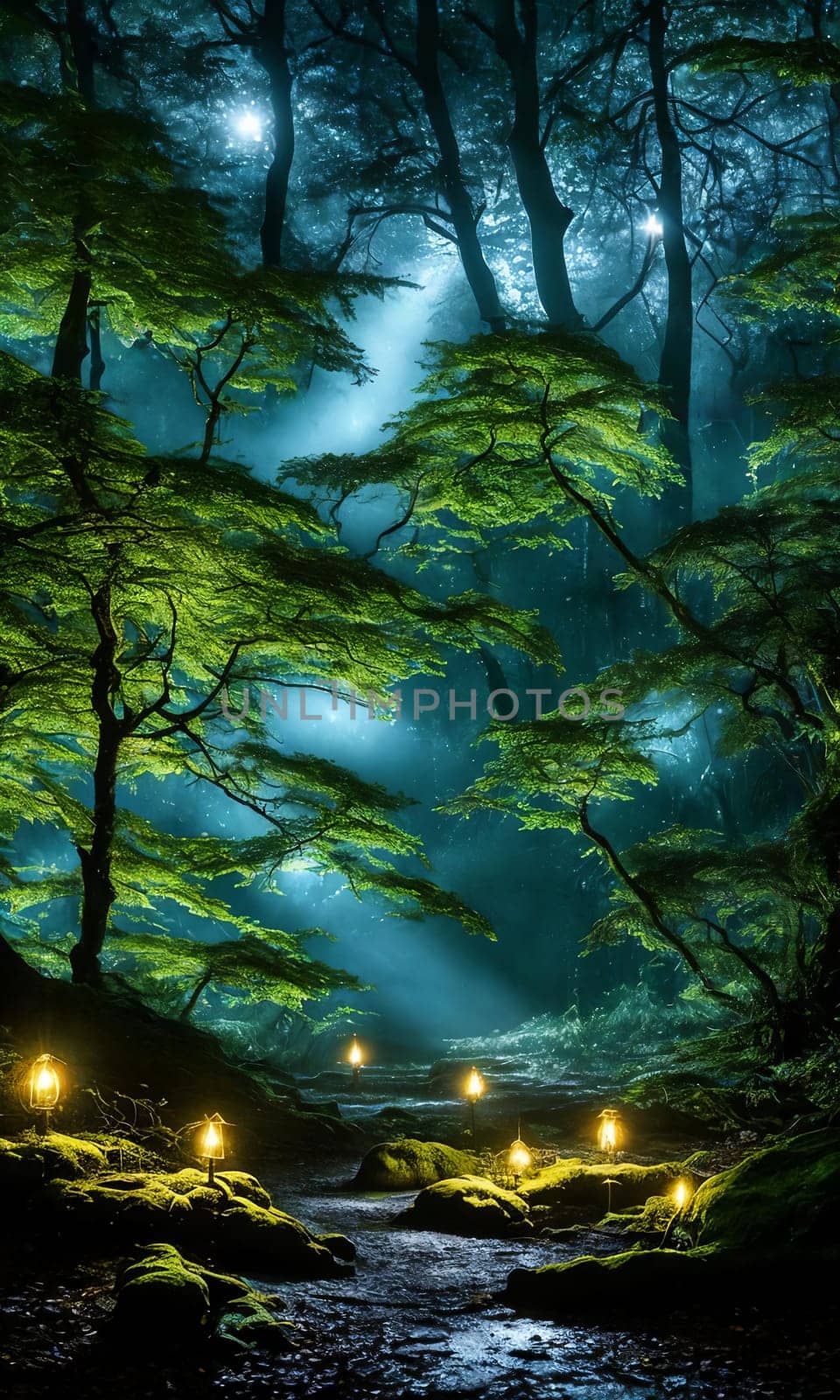 Moonlit Forest Glade. Amidst ancient trees, a moonbeam illuminates a hidden glade. Dew-kissed mushrooms glow softly, and fireflies dance in the night. Ethereal beauty of this mystical meeting place.