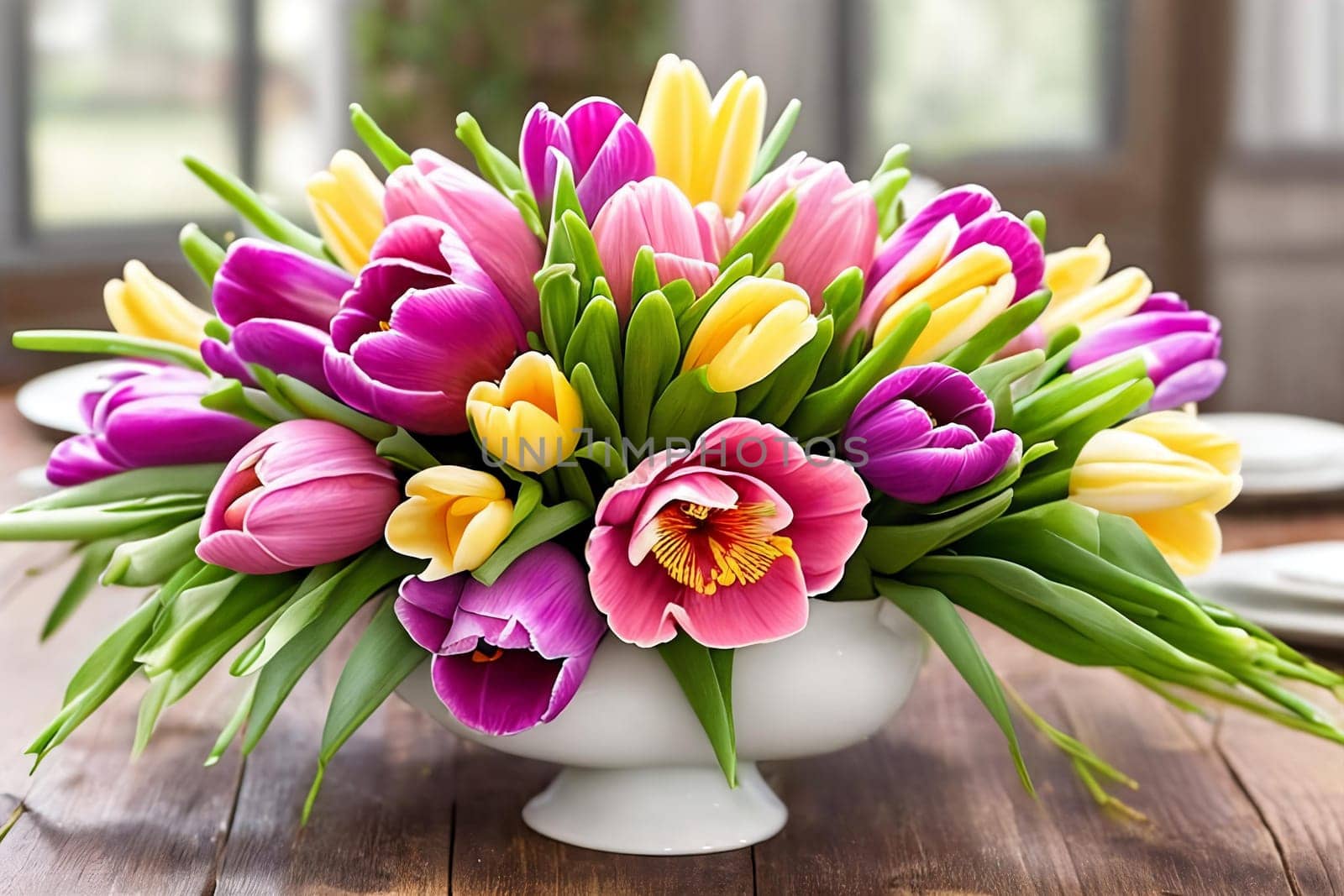 Easter Floral Delight. A composition featuring a variety of fresh spring flowers tulips arranged in a decorative Easter-themed setting, highlighting the vibrant colors and delicate petals.