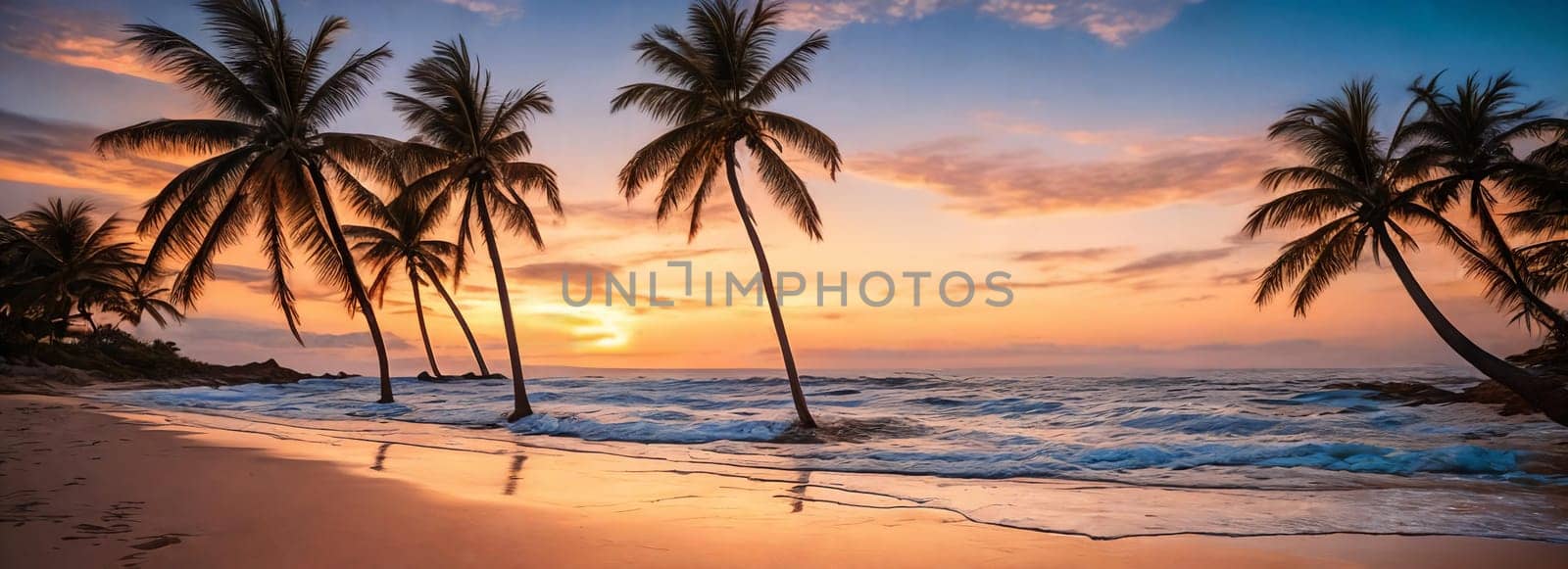 A sunset paints the sky in hues of orange pink over a tranquil beach with a palm tree swaying gently. Waves kiss the shore. Generative AI.