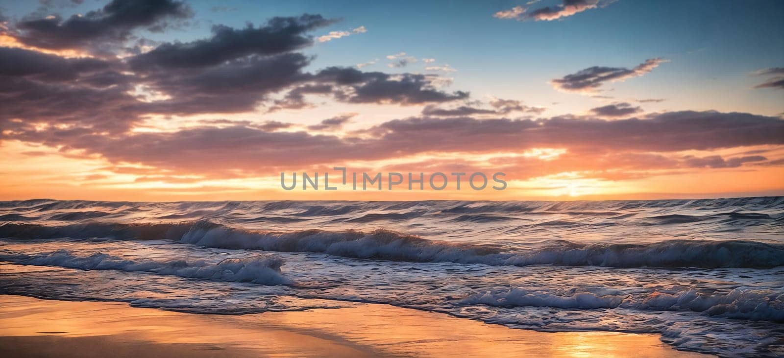 An illustration of sea waves at sunset The shimmering waves reflect the warm hues of the setting sun creating a breathtaking scene. Generative AI