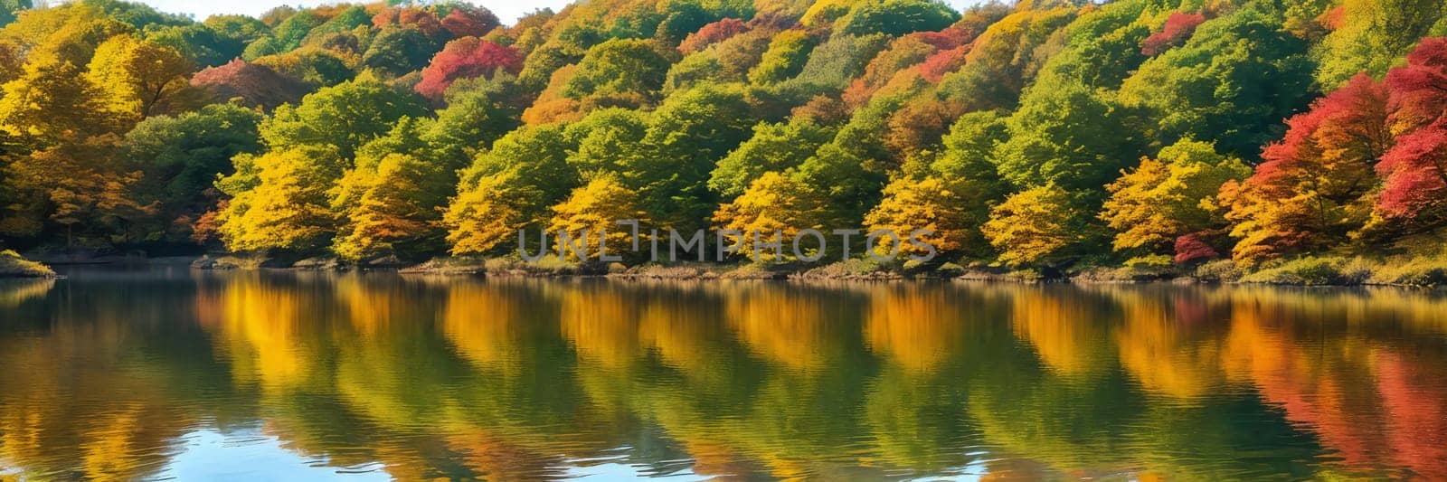 Colorful palette of autumn by focusing on a tranquil lake reflecting the vibrant foliage of surrounding trees on a sunny day