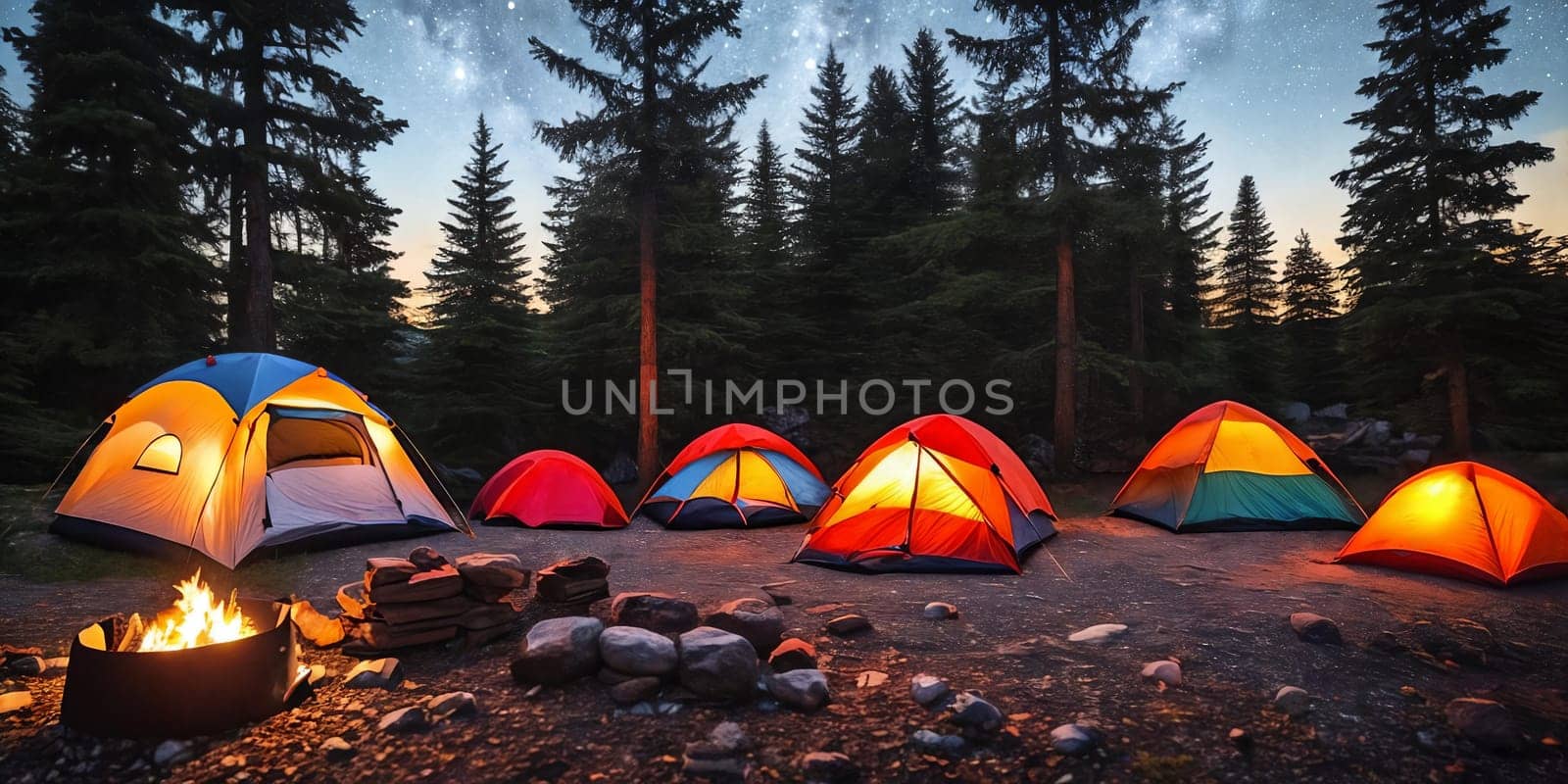 Campsite Coziness. Set up a cozy camping scene with a tent pitched under the starry night sky, illuminated by a warm campfire. Panorama