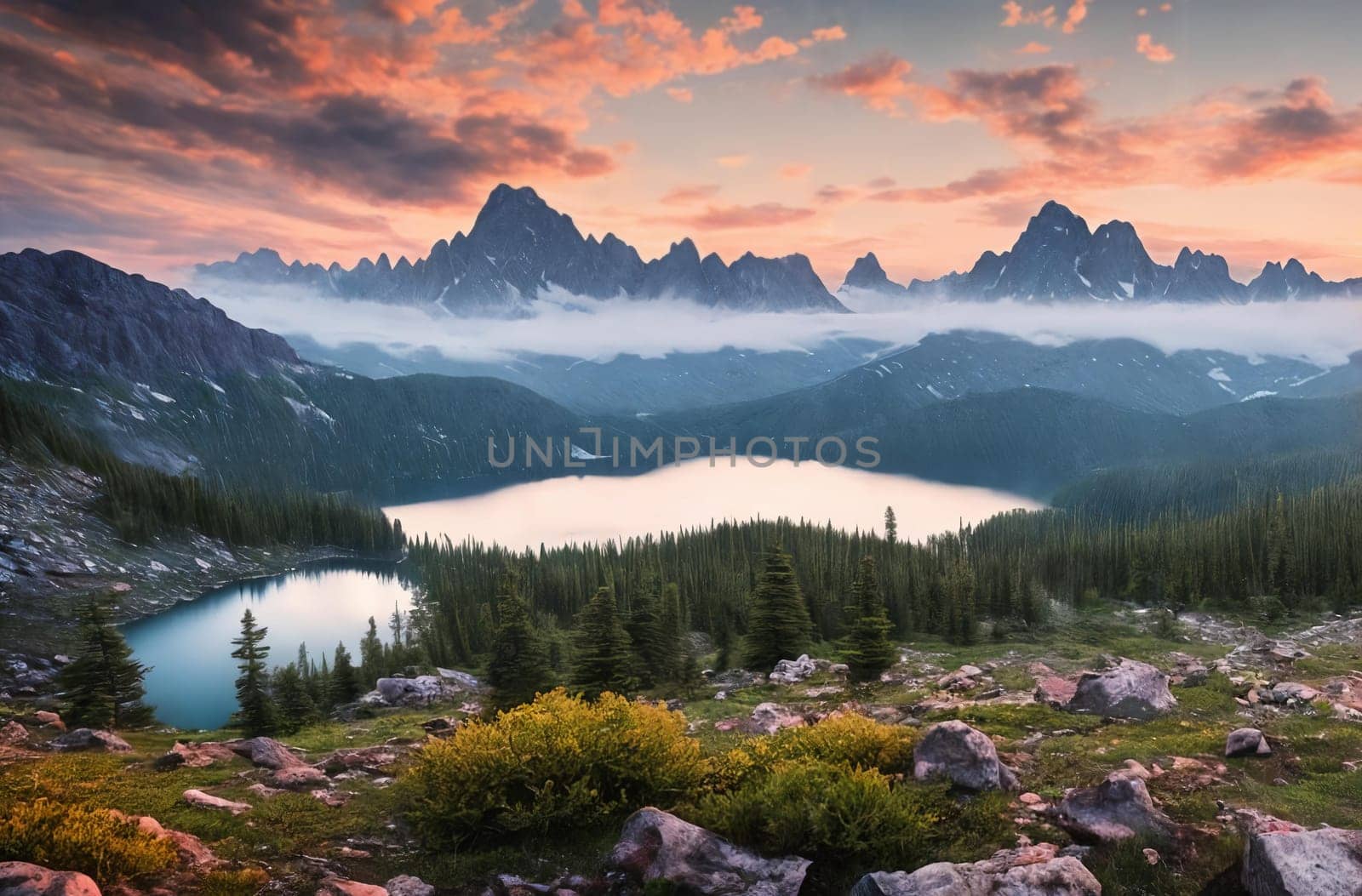 A breathtaking scene at dusk: a serene mountain forest by a glittering lake with a tent pitched. Generative AI