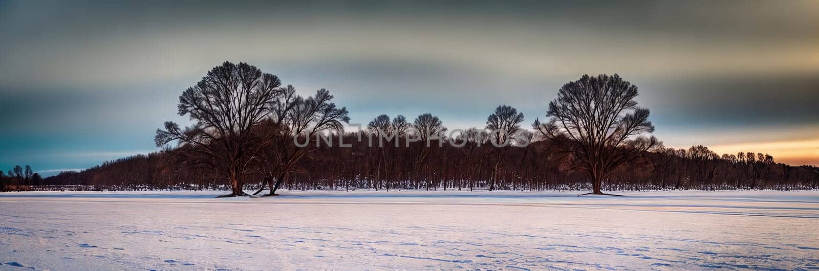 A serene winter landscape, picturesque panorama. Snow-covered landscapes, frost-covered trees, and wintery scenes. Generative