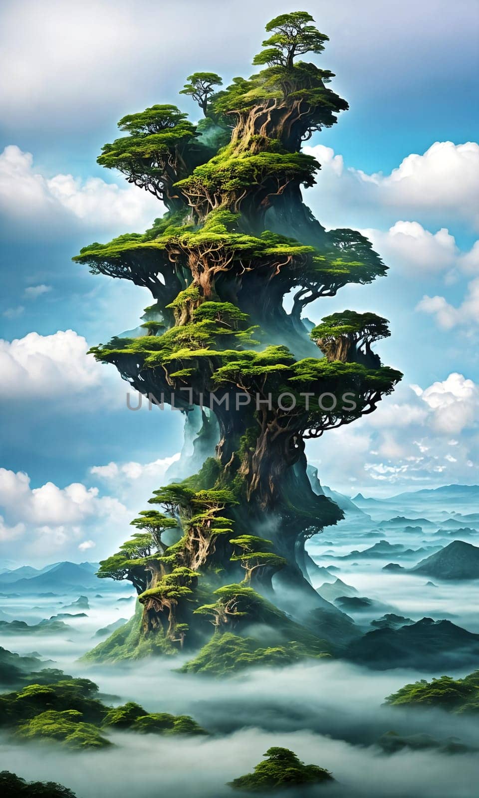 Floating Isles. Above a sea of clouds, islands drift like dreamscapes. Each is a miniature world, lush forests, waterfalls, and floating gardens. The sky holds its breath, and rainbows weave through the mist.