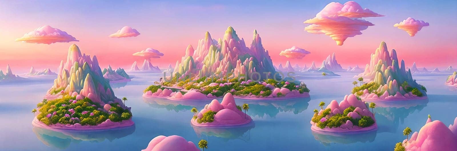Surreal and dreamlike landscape of floating islands suspended in a pastel-colored sky, connected by delicate bridges and adorned with exotic flora.