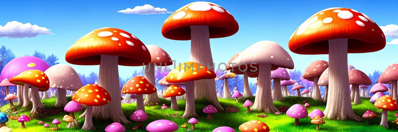 Immerse in a whimsical vibrant mushroom forest Oversized fungi of varied hues paint a surreal, otherworldly scene