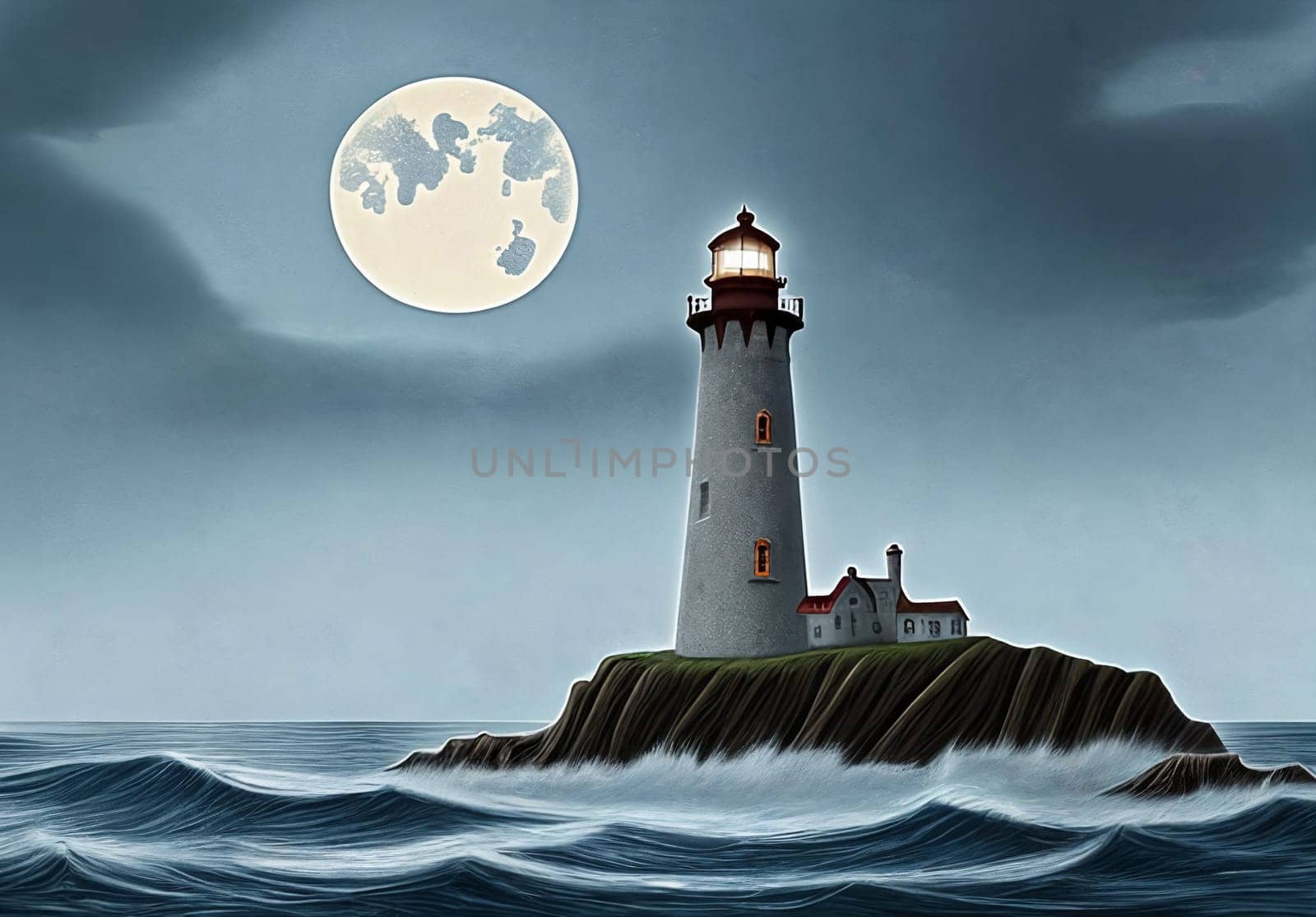 Haunted lighthouse on rocky coast: stormy skies, crashing waves, ghostly light from tower. Eerie atmosphere surrounds the spectral beacon.