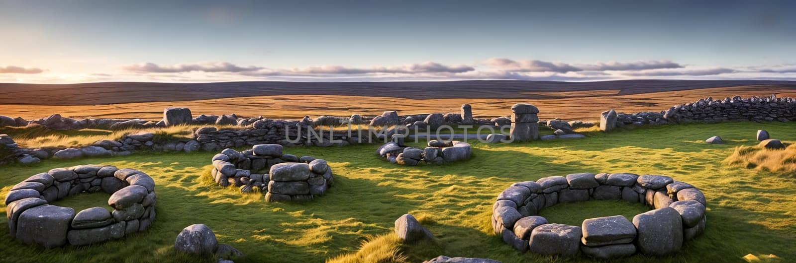 A mysterious and ancient stone circle nestled in a remote moorland, with the setting sun casting long shadows over the weathered monoliths