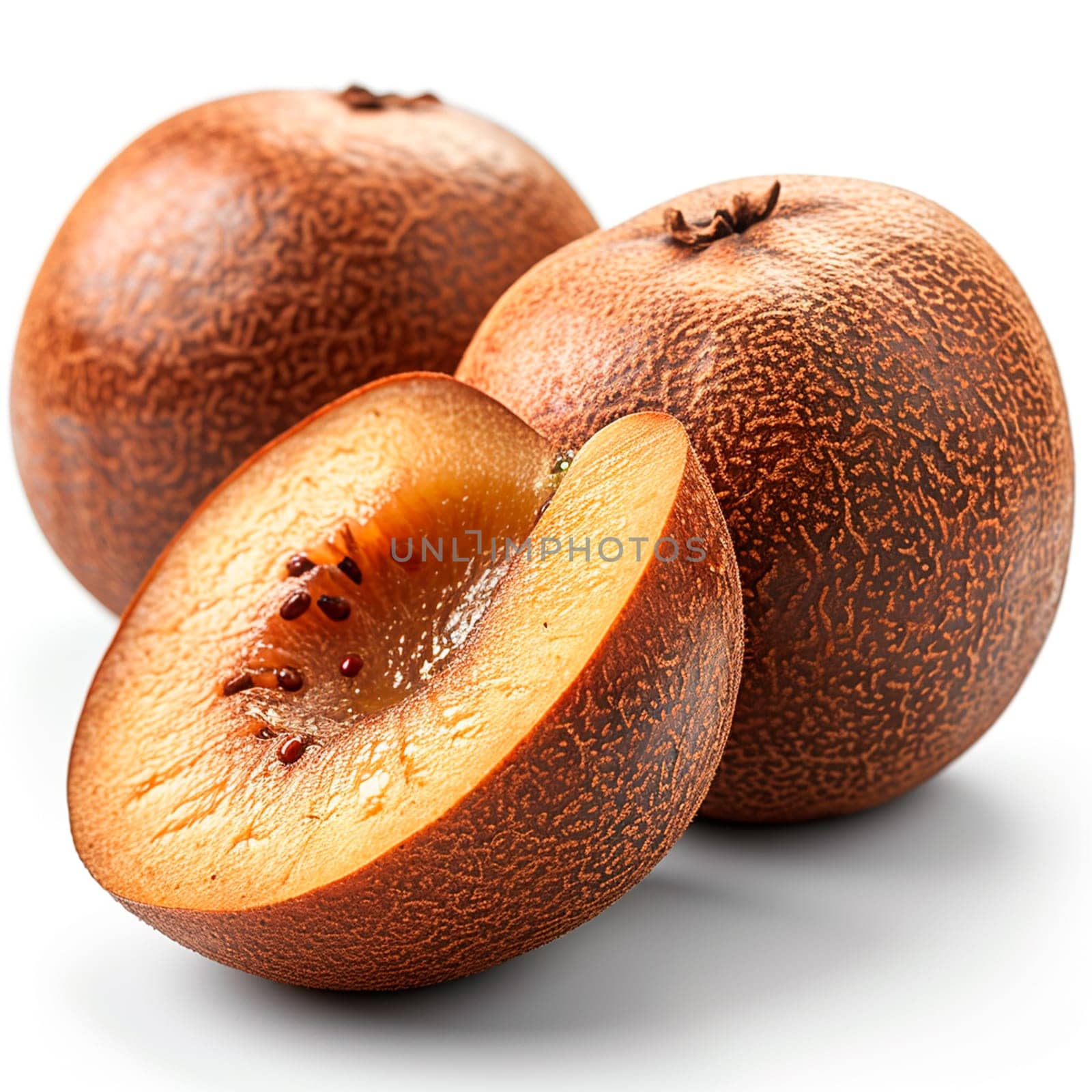 Exotic sapodilla fruit on white isolated background AI generated image