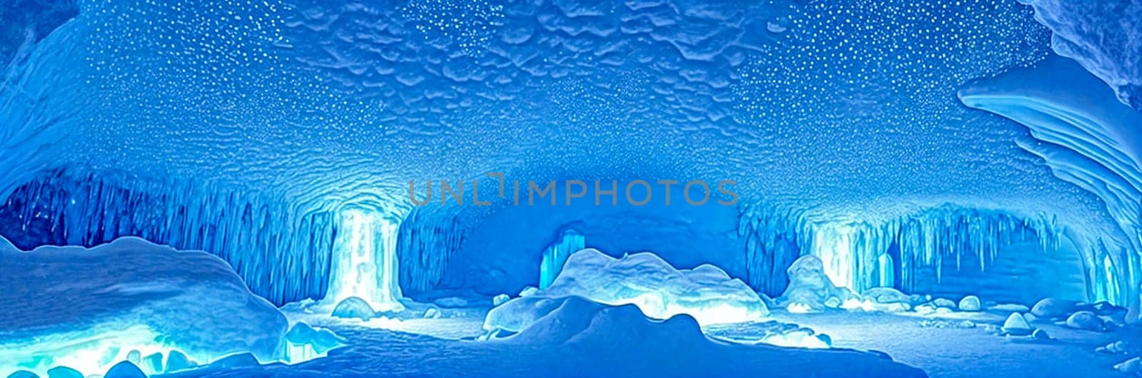 Ethereal ice cave illuminated by the soft glow of bioluminescent crystals, casting an eerie blue light. Generative AI