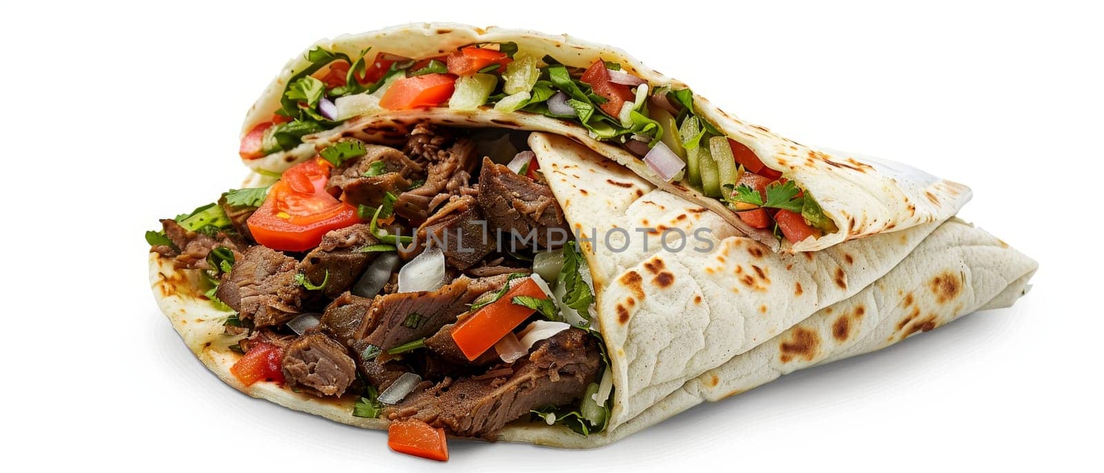An isolated image of a meat wrap with fresh vegetables and a soft, golden-brown tortilla. The wrap is stuffed with succulent slices of beef, crisp lettuce, and ripe tomatoes