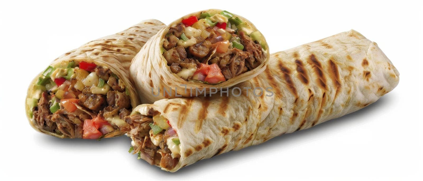 Three grilled shawarma wraps lying side by side, showcasing the grilled meat and veggies within. The wraps are toasted to perfection, revealing a mix of savory fillings