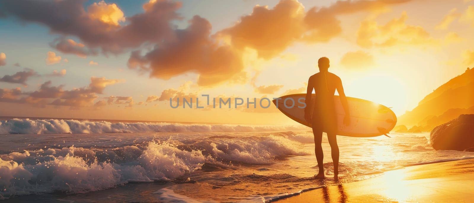 The silhouette of a surfer stands against a vibrant sunset, waves crashing at his feet. It's a moment of harmony between man and the sea