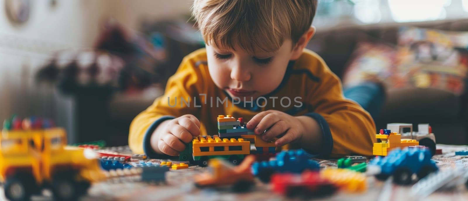 A young child carefully constructs a world of his own using vibrant building blocks, a testament to imagination at play