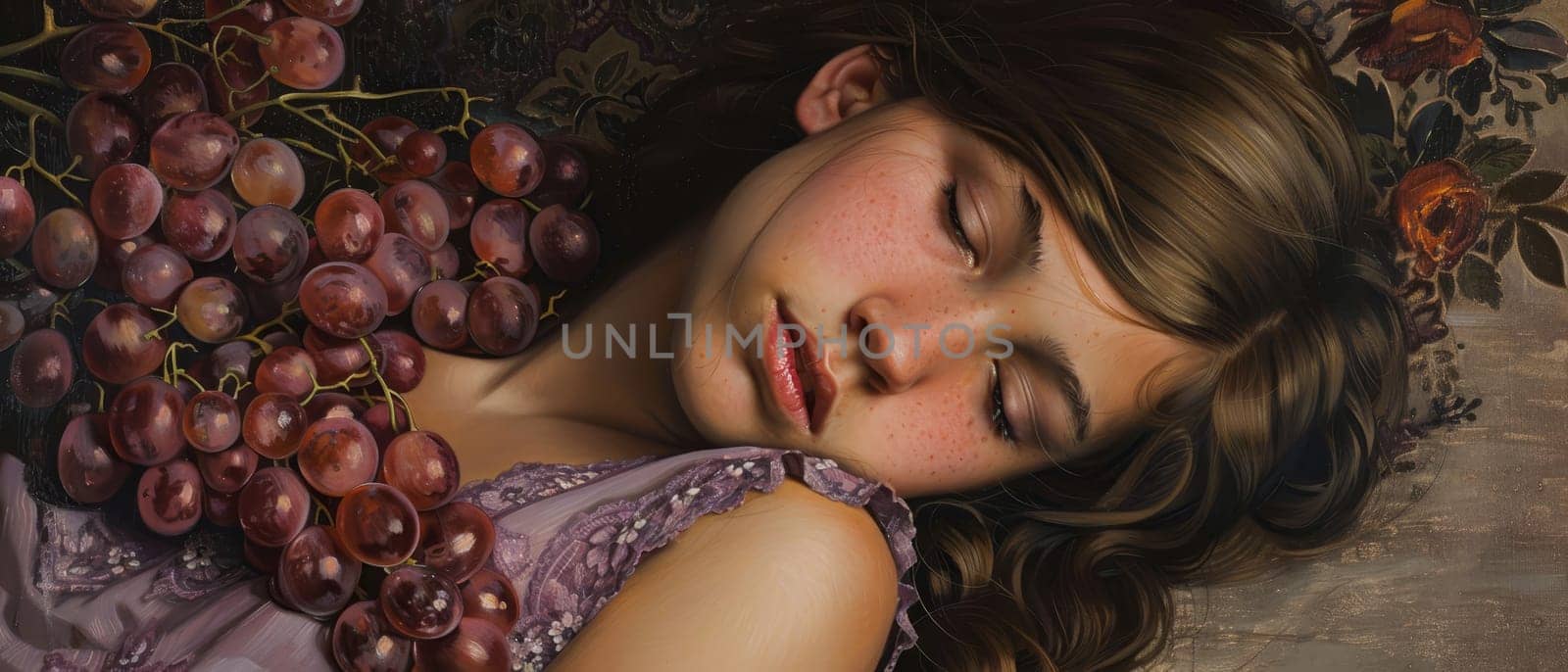A young girl's peaceful slumber is captured in this painting, her cheek resting on a bed of ripe grapes. The lush fruit contrasts with her delicate features and freckled skin