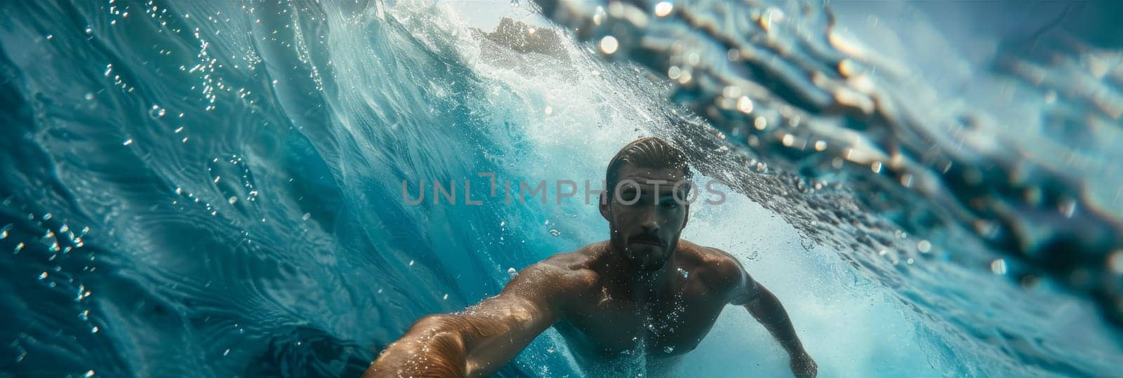 A swimmer glides underwater with a focused gaze, the water's texture highlighted by the light above. The image encapsulates the essence of fluid motion and athleticism