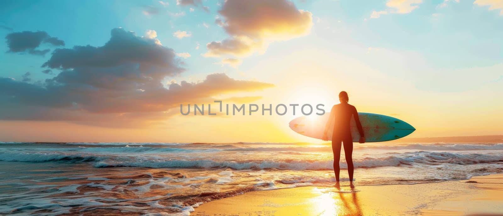 A lone surfer stands on the shore, contemplating the waves at sunrise. The sky's warm hues cast a hopeful glow on the new day