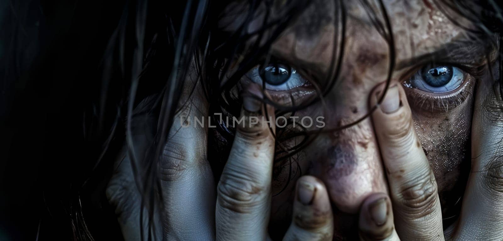 A close-up shows a woman with striking blue eyes, framed by dirt and distress, peering through fingers