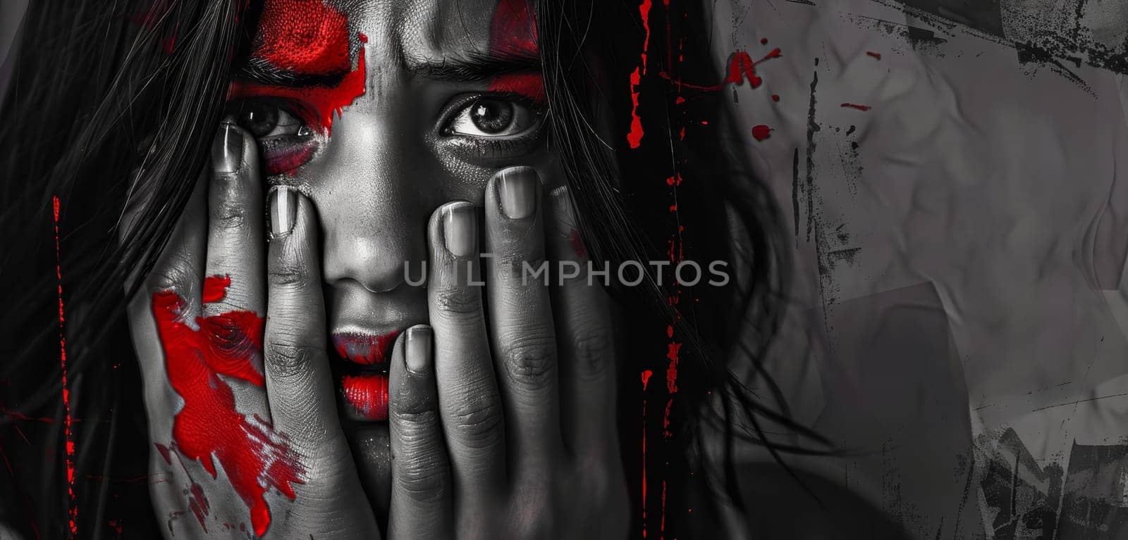 An artistic blend of grunge textures and a woman's face with red accents, highlighting a haunting narrative